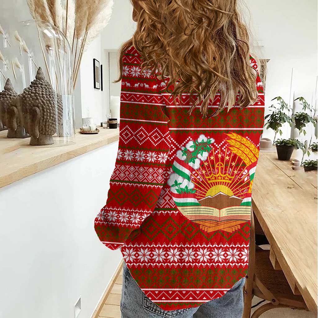 Tajikistan Christmas Women Casual Shirt with Santa Riding Snow Leopard National Emblem and Red Holiday Pattern - Wonder Print Shop