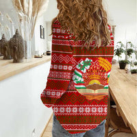 Tajikistan Christmas Women Casual Shirt with Santa Riding Snow Leopard National Emblem and Red Holiday Pattern - Wonder Print Shop