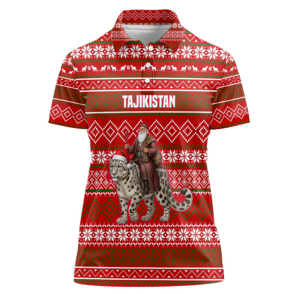 Tajikistan Christmas Women Polo Shirt with Santa Riding Snow Leopard National Emblem and Red Holiday Pattern - Wonder Print Shop