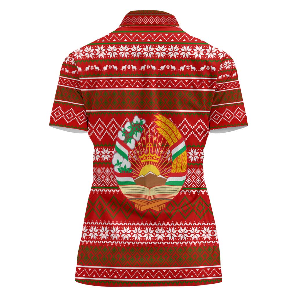 Tajikistan Christmas Women Polo Shirt with Santa Riding Snow Leopard National Emblem and Red Holiday Pattern - Wonder Print Shop
