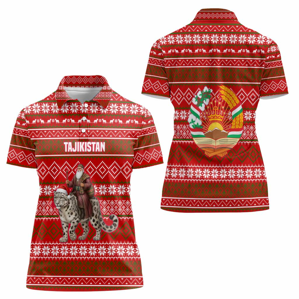 Tajikistan Christmas Women Polo Shirt with Santa Riding Snow Leopard National Emblem and Red Holiday Pattern - Wonder Print Shop