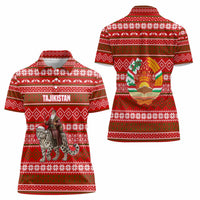 Tajikistan Christmas Women Polo Shirt with Santa Riding Snow Leopard National Emblem and Red Holiday Pattern - Wonder Print Shop