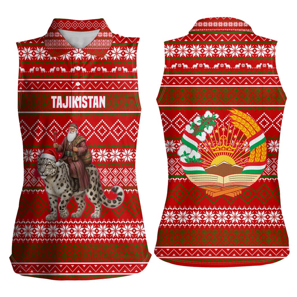 Tajikistan Christmas Women Sleeveless Polo Shirt with Santa Riding Snow Leopard National Emblem and Red Holiday Pattern - Wonder Print Shop