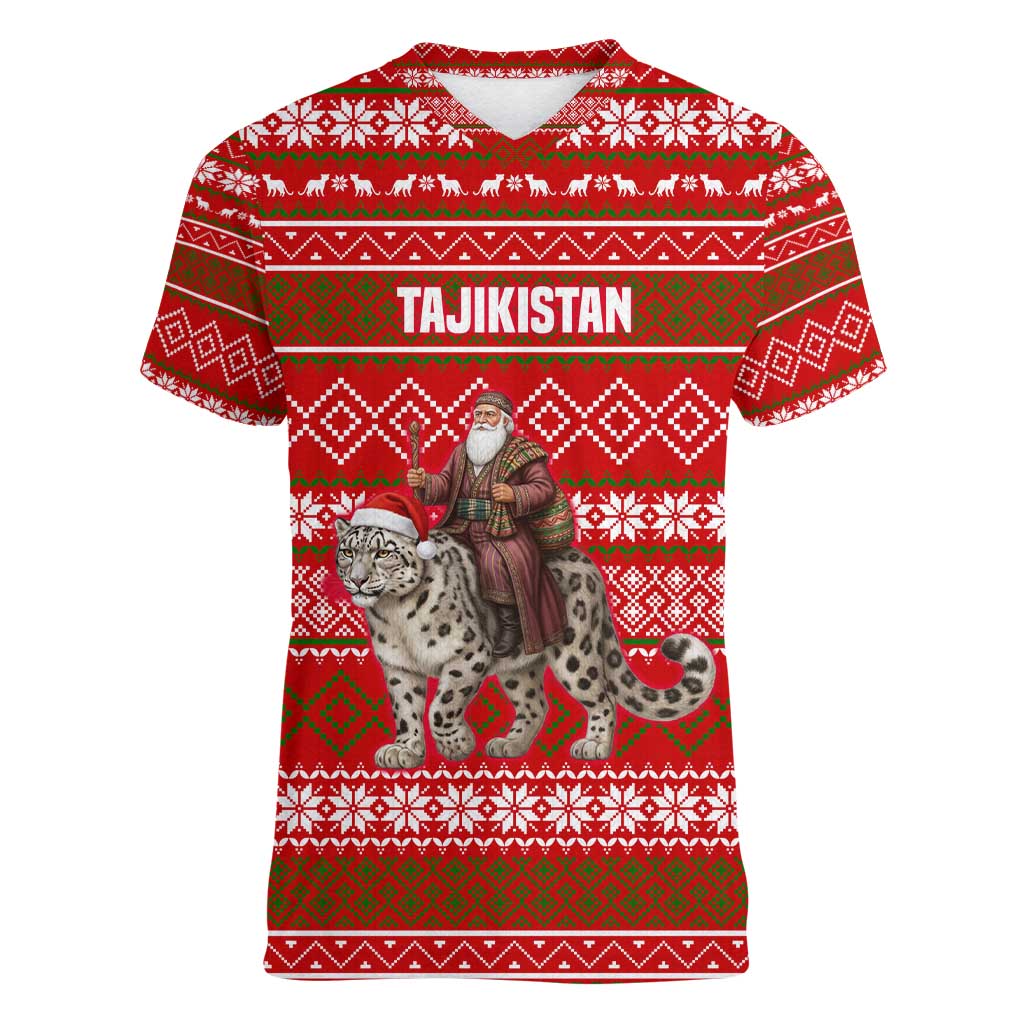 Tajikistan Christmas Women V-Neck T-Shirt with Santa Riding Snow Leopard National Emblem and Red Holiday Pattern - Wonder Print Shop