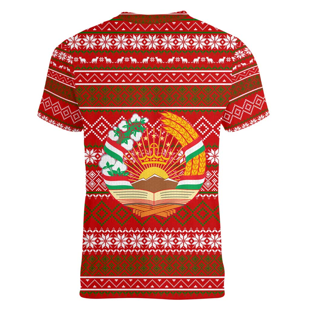 Tajikistan Christmas Women V-Neck T-Shirt with Santa Riding Snow Leopard National Emblem and Red Holiday Pattern - Wonder Print Shop
