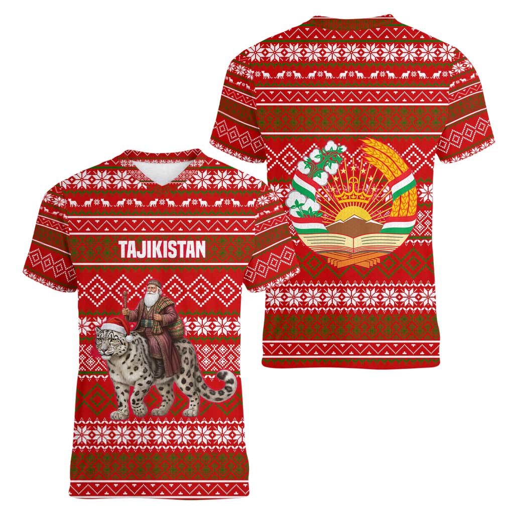 Tajikistan Christmas Women V-Neck T-Shirt with Santa Riding Snow Leopard National Emblem and Red Holiday Pattern - Wonder Print Shop