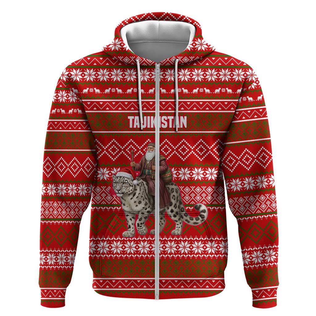 Tajikistan Christmas Zip Hoodie with Santa Riding Snow Leopard National Emblem and Red Holiday Pattern - Wonder Print Shop