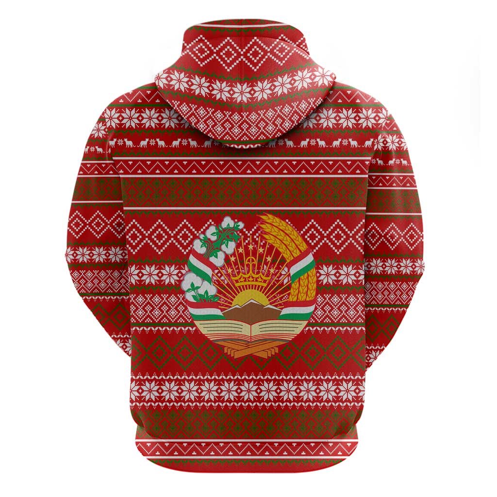 Tajikistan Christmas Zip Hoodie with Santa Riding Snow Leopard National Emblem and Red Holiday Pattern - Wonder Print Shop