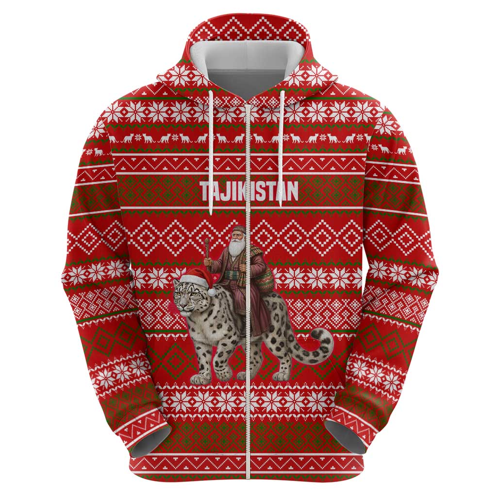 Tajikistan Christmas Zip Hoodie with Santa Riding Snow Leopard National Emblem and Red Holiday Pattern - Wonder Print Shop