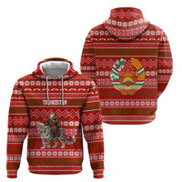 Tajikistan Christmas Zip Hoodie with Santa Riding Snow Leopard National Emblem and Red Holiday Pattern - Wonder Print Shop