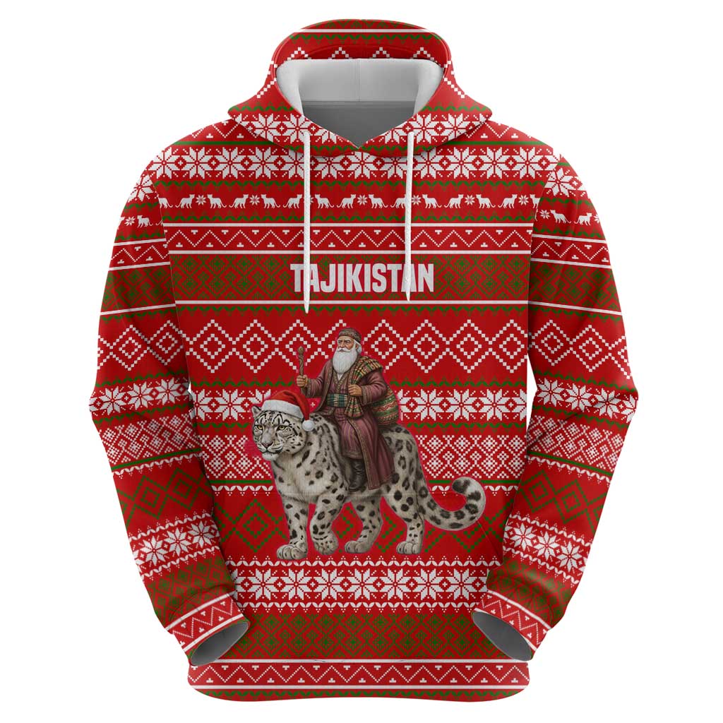 Tajikistan Christmas Zip Hoodie with Santa Riding Snow Leopard National Emblem and Red Holiday Pattern - Wonder Print Shop