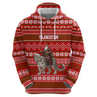 Tajikistan Christmas Zip Hoodie with Santa Riding Snow Leopard National Emblem and Red Holiday Pattern - Wonder Print Shop