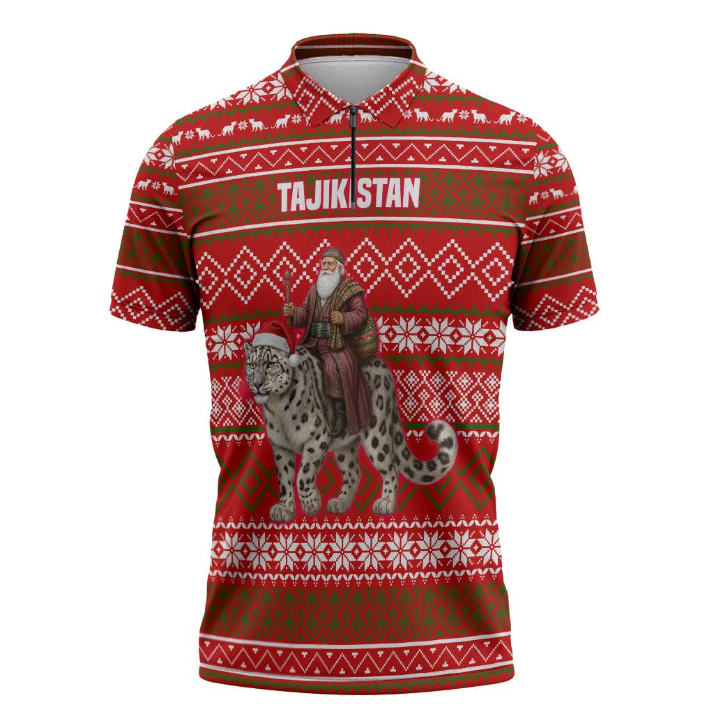 Tajikistan Christmas Zipper Polo Shirt with Santa Riding Snow Leopard National Emblem and Red Holiday Pattern - Wonder Print Shop