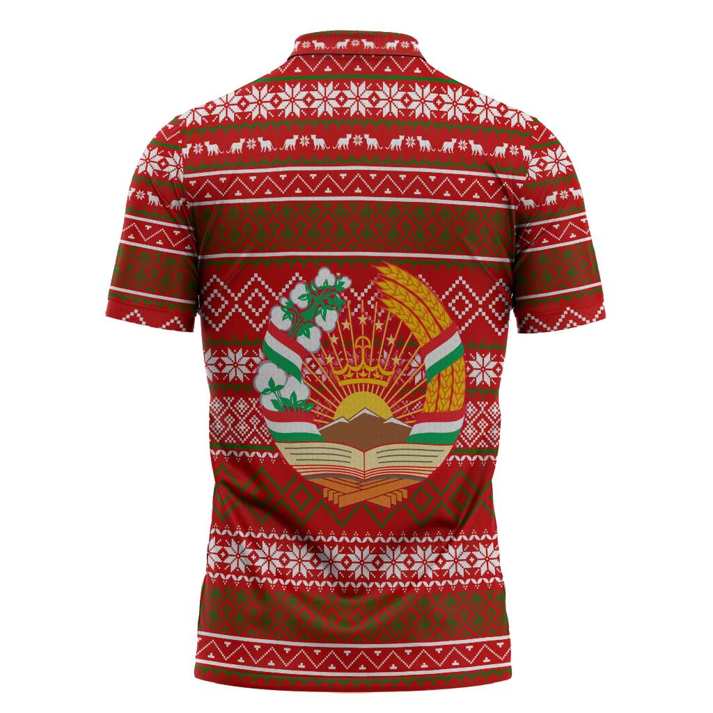 Tajikistan Christmas Zipper Polo Shirt with Santa Riding Snow Leopard National Emblem and Red Holiday Pattern - Wonder Print Shop