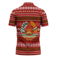 Tajikistan Christmas Zipper Polo Shirt with Santa Riding Snow Leopard National Emblem and Red Holiday Pattern - Wonder Print Shop