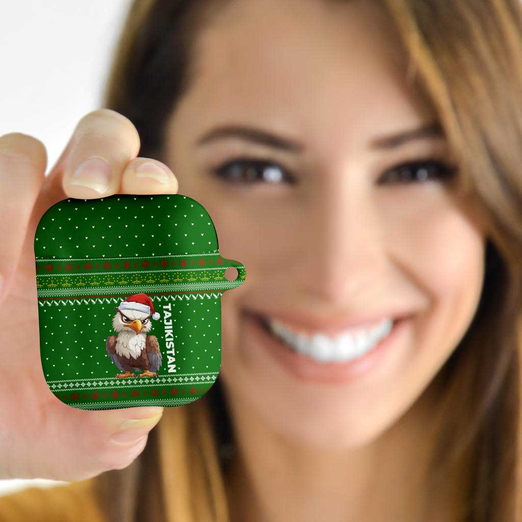 Tajikistan Christmas AirPods Case with Santa Hat Eagle Green Snowflake Pattern and Holiday Design - Wonder Print Shop