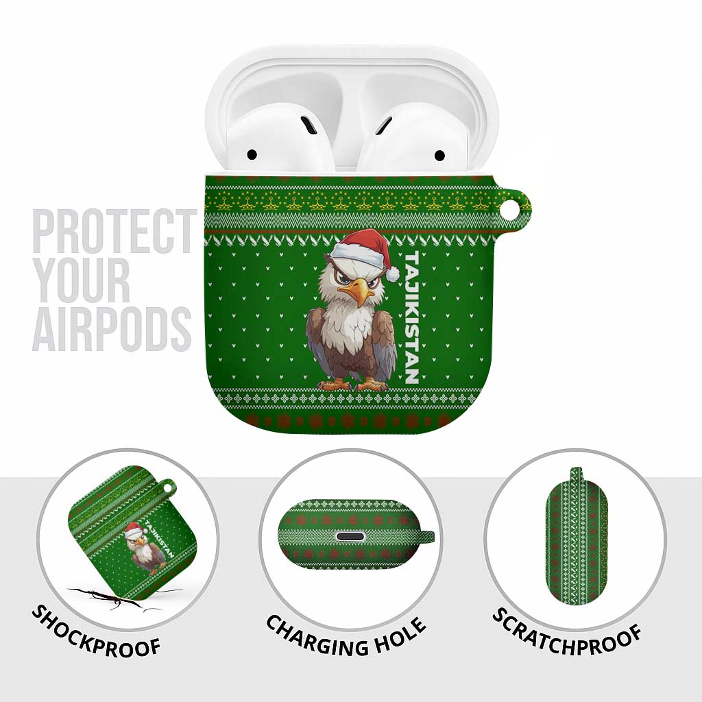 Tajikistan Christmas AirPods Case with Santa Hat Eagle Green Snowflake Pattern and Holiday Design - Wonder Print Shop