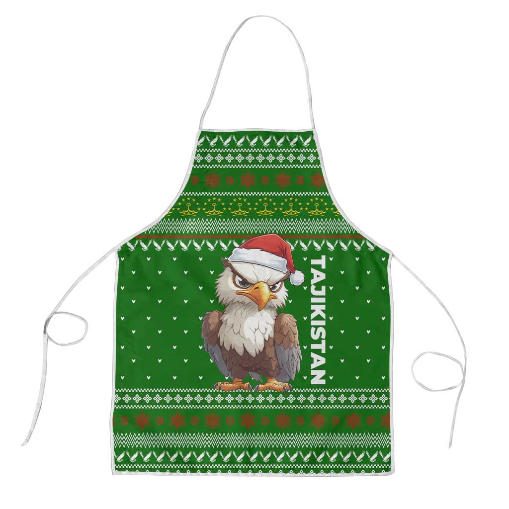 Tajikistan Christmas Apron with Santa Hat Eagle Green Snowflake Pattern and Holiday Design - Wonder Print Shop