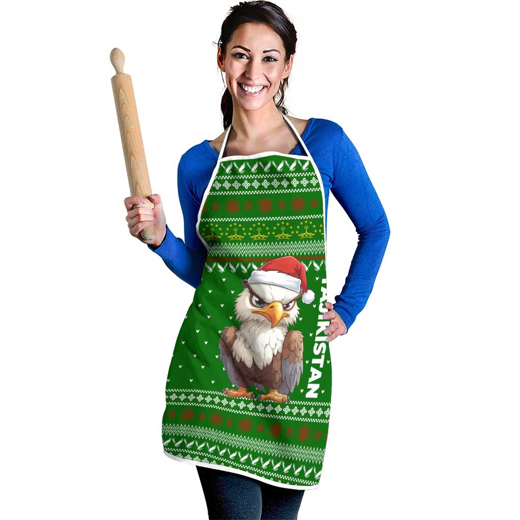 Tajikistan Christmas Apron with Santa Hat Eagle Green Snowflake Pattern and Holiday Design - Wonder Print Shop