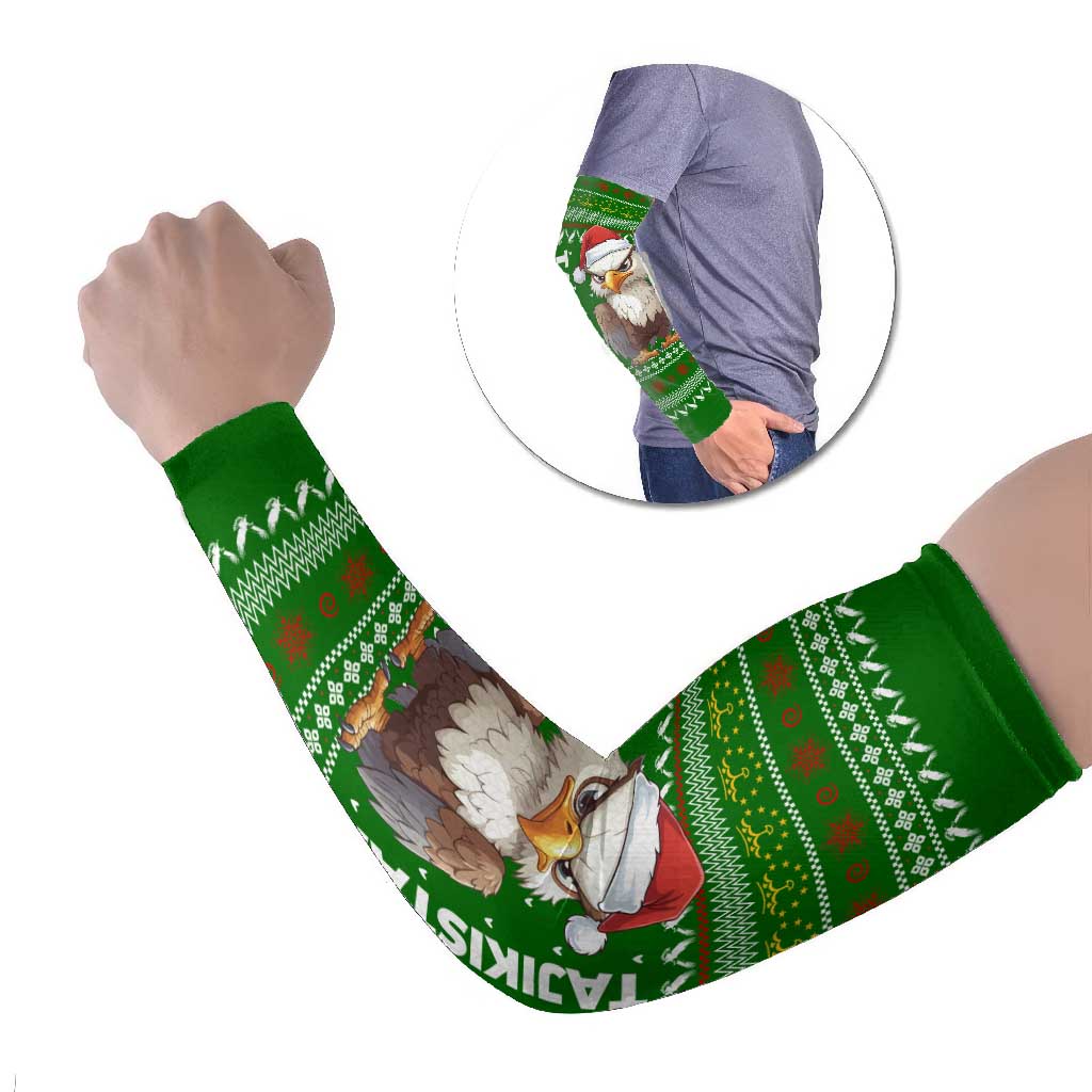 Tajikistan Christmas Arm Sleeves with Santa Hat Eagle Green Snowflake Pattern and Holiday Design - Wonder Print Shop
