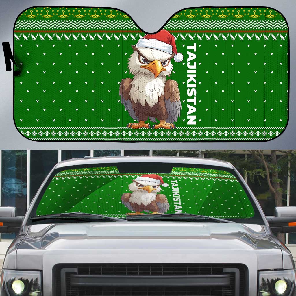 Tajikistan Christmas Auto Sun Shade with Santa Hat Eagle Green Snowflake Pattern and Holiday Design - Wonder Print Shop