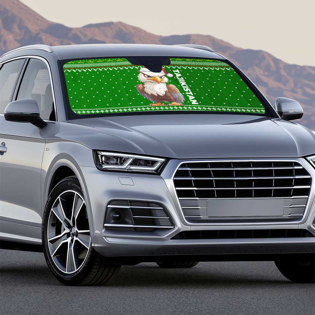 Tajikistan Christmas Auto Sun Shade with Santa Hat Eagle Green Snowflake Pattern and Holiday Design - Wonder Print Shop