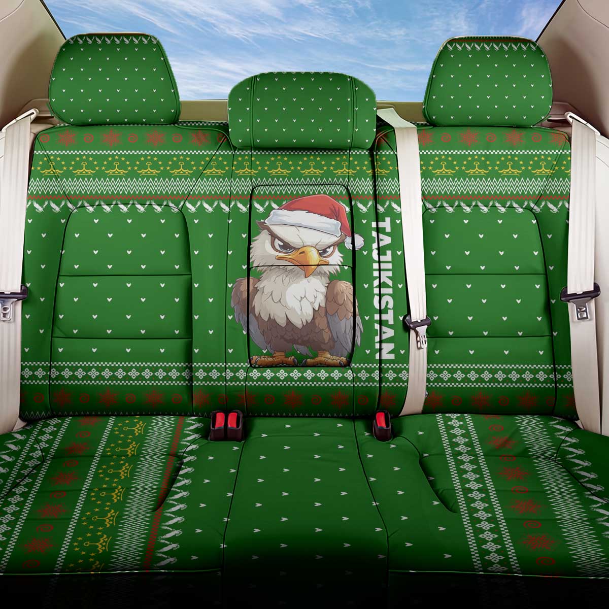 Tajikistan Christmas Back Car Seat Cover with Santa Hat Eagle Green Snowflake Pattern and Holiday Design - Wonder Print Shop