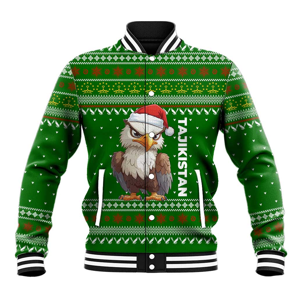 Tajikistan Christmas Baseball Jacket with Santa Hat Eagle Green Snowflake Pattern and Holiday Design - Wonder Print Shop