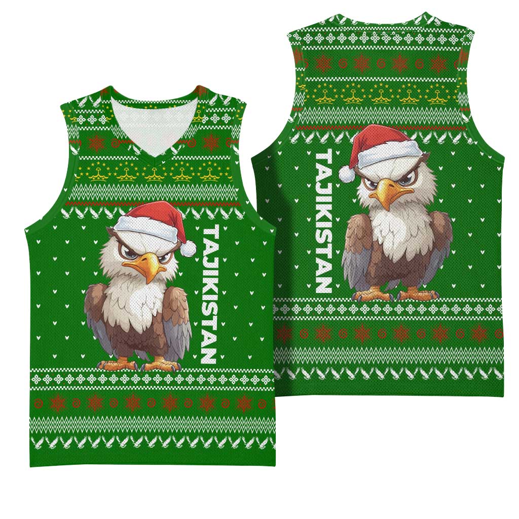 Tajikistan Christmas Basketball Jersey with Santa Hat Eagle Green Snowflake Pattern and Holiday Design - Wonder Print Shop