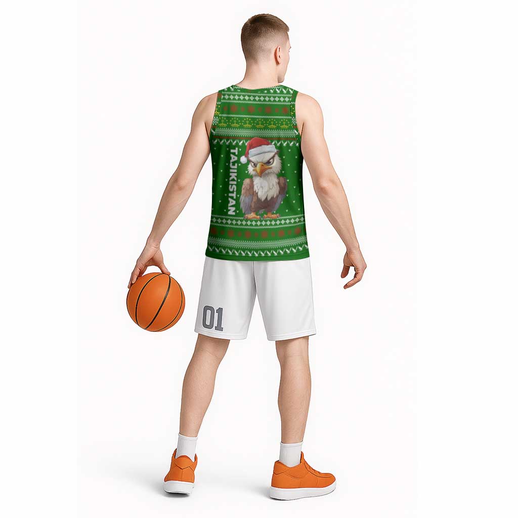 Tajikistan Christmas Basketball Jersey with Santa Hat Eagle Green Snowflake Pattern and Holiday Design - Wonder Print Shop