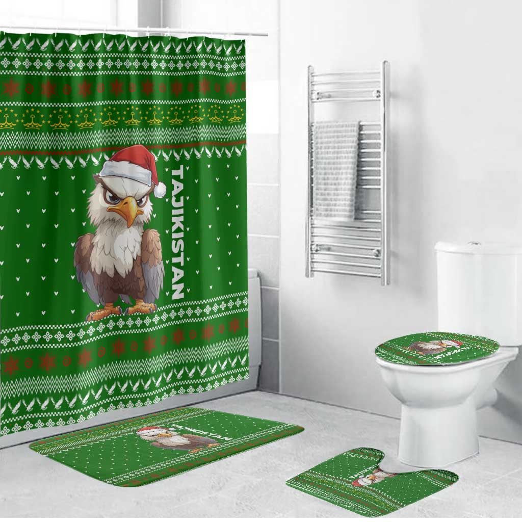 Tajikistan Christmas Bathroom Set with Santa Hat Eagle Green Snowflake Pattern and Holiday Design - Wonder Print Shop