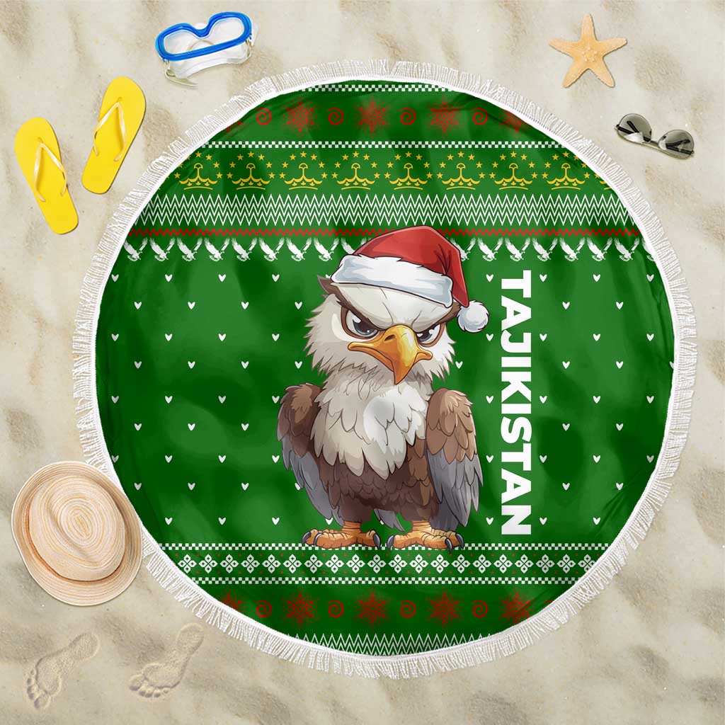 Tajikistan Christmas Beach Blanket with Santa Hat Eagle Green Snowflake Pattern and Holiday Design - Wonder Print Shop