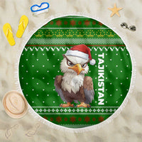 Tajikistan Christmas Beach Blanket with Santa Hat Eagle Green Snowflake Pattern and Holiday Design - Wonder Print Shop