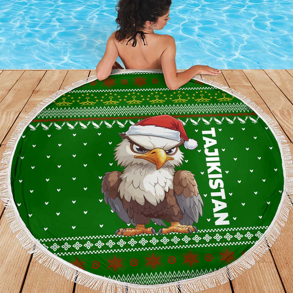 Tajikistan Christmas Beach Blanket with Santa Hat Eagle Green Snowflake Pattern and Holiday Design - Wonder Print Shop