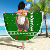 Tajikistan Christmas Beach Blanket with Santa Hat Eagle Green Snowflake Pattern and Holiday Design - Wonder Print Shop