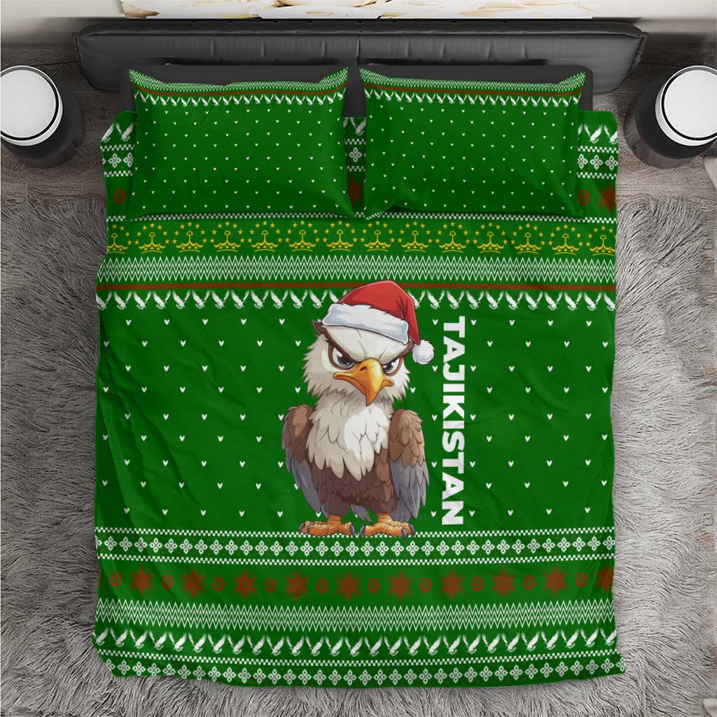Tajikistan Christmas Bedding Set with Santa Hat Eagle Green Snowflake Pattern and Holiday Design - Wonder Print Shop