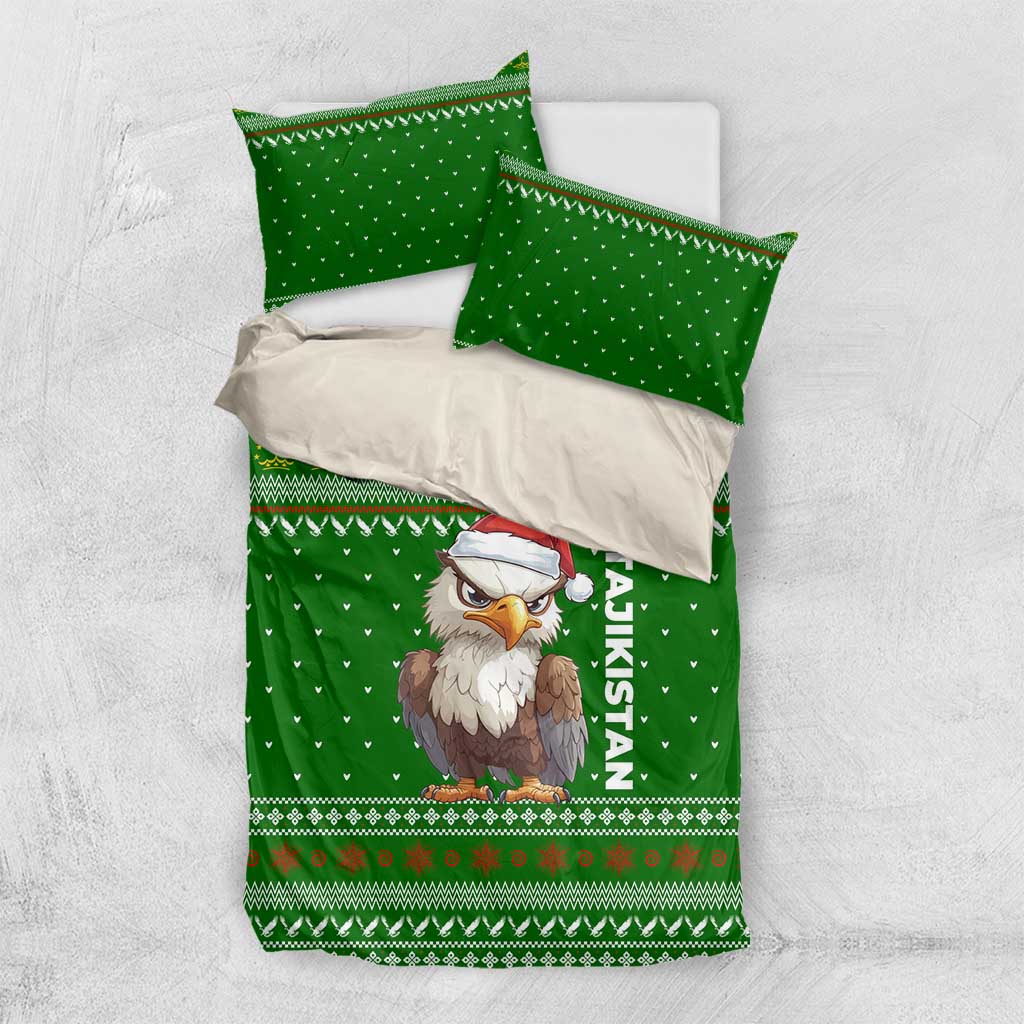 Tajikistan Christmas Bedding Set with Santa Hat Eagle Green Snowflake Pattern and Holiday Design - Wonder Print Shop