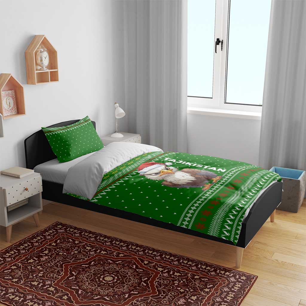 Tajikistan Christmas Bedding Set with Santa Hat Eagle Green Snowflake Pattern and Holiday Design - Wonder Print Shop