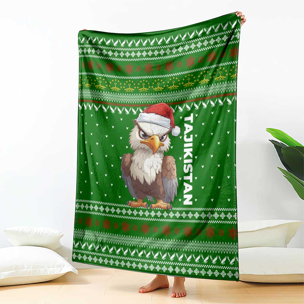 Tajikistan Christmas Blanket with Santa Hat Eagle Green Snowflake Pattern and Holiday Design - Wonder Print Shop