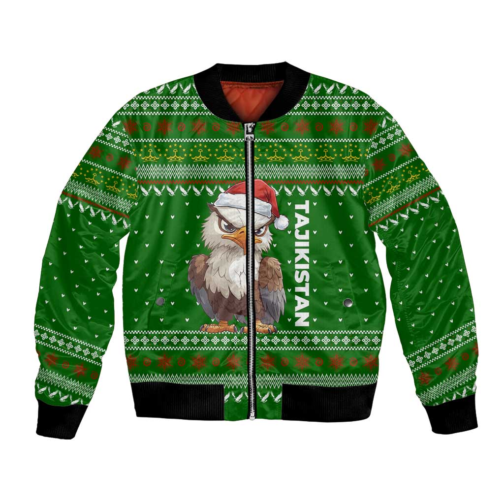 Tajikistan Christmas Bomber Jacket with Santa Hat Eagle Green Snowflake Pattern and Holiday Design - Wonder Print Shop
