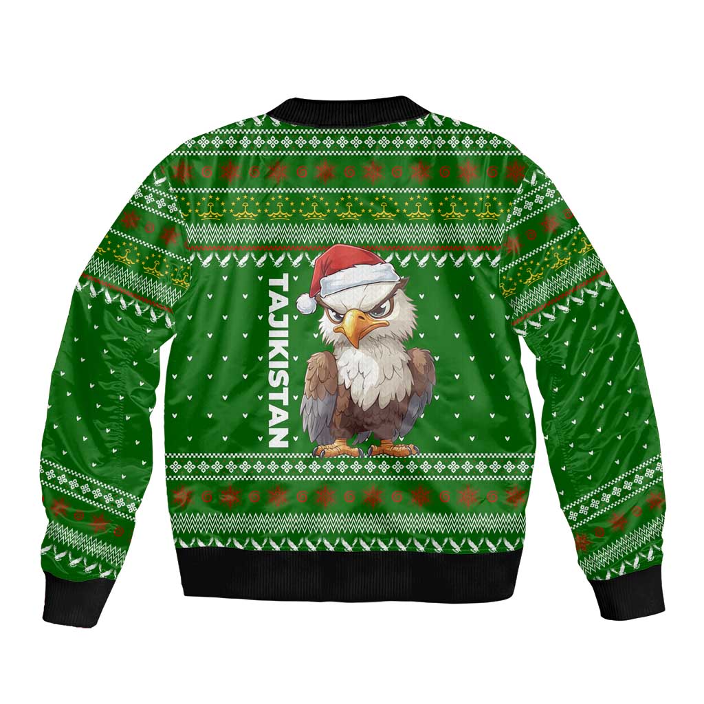 Tajikistan Christmas Bomber Jacket with Santa Hat Eagle Green Snowflake Pattern and Holiday Design - Wonder Print Shop