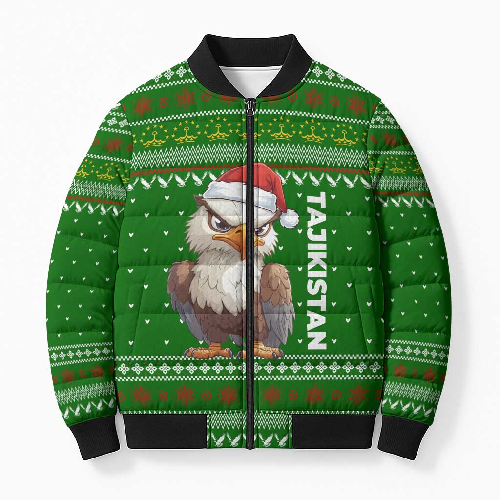 Tajikistan Christmas Bomber Puffer Jacket with Santa Hat Eagle Green Snowflake Pattern and Holiday Design - Wonder Print Shop