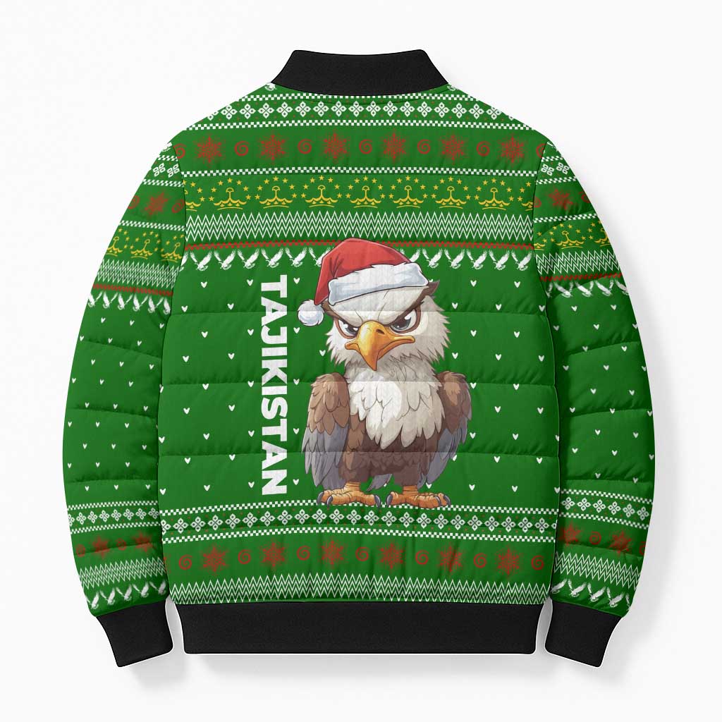 Tajikistan Christmas Bomber Puffer Jacket with Santa Hat Eagle Green Snowflake Pattern and Holiday Design - Wonder Print Shop