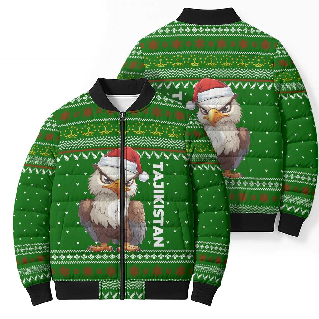 Tajikistan Christmas Bomber Puffer Jacket with Santa Hat Eagle Green Snowflake Pattern and Holiday Design - Wonder Print Shop