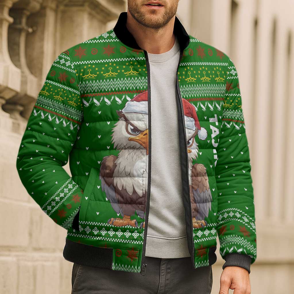 Tajikistan Christmas Bomber Puffer Jacket with Santa Hat Eagle Green Snowflake Pattern and Holiday Design - Wonder Print Shop