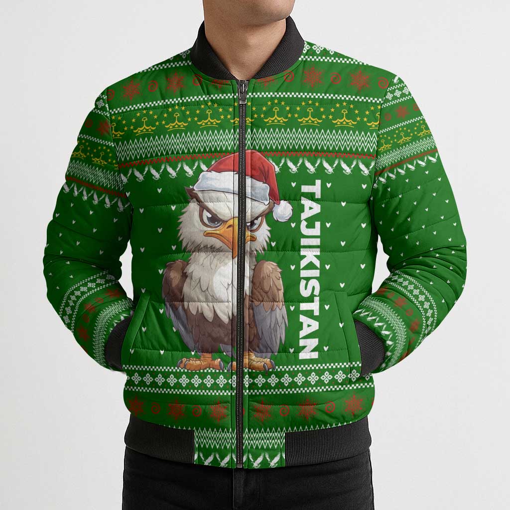 Tajikistan Christmas Bomber Puffer Jacket with Santa Hat Eagle Green Snowflake Pattern and Holiday Design - Wonder Print Shop