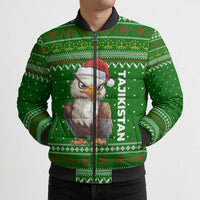 Tajikistan Christmas Bomber Puffer Jacket with Santa Hat Eagle Green Snowflake Pattern and Holiday Design - Wonder Print Shop