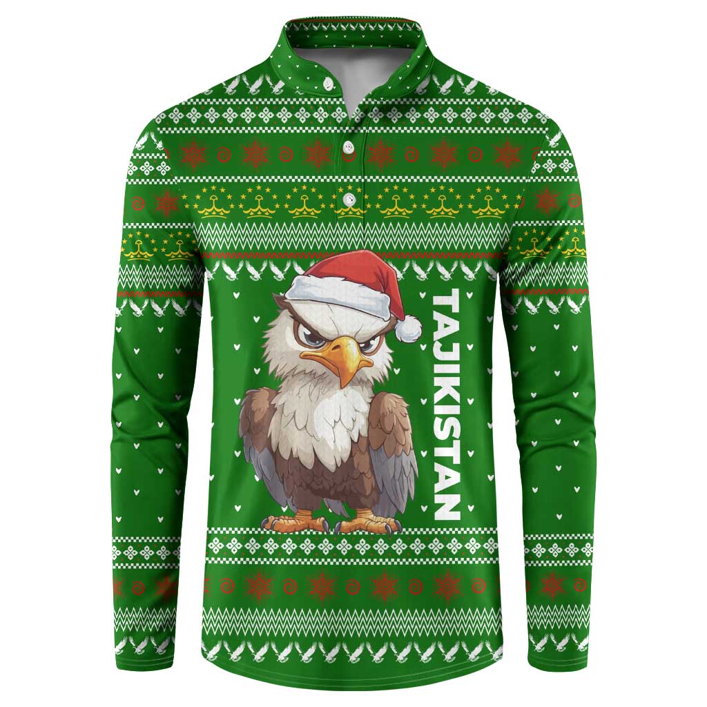 Tajikistan Christmas Button Sweatshirt with Santa Hat Eagle Green Snowflake Pattern and Holiday Design - Wonder Print Shop