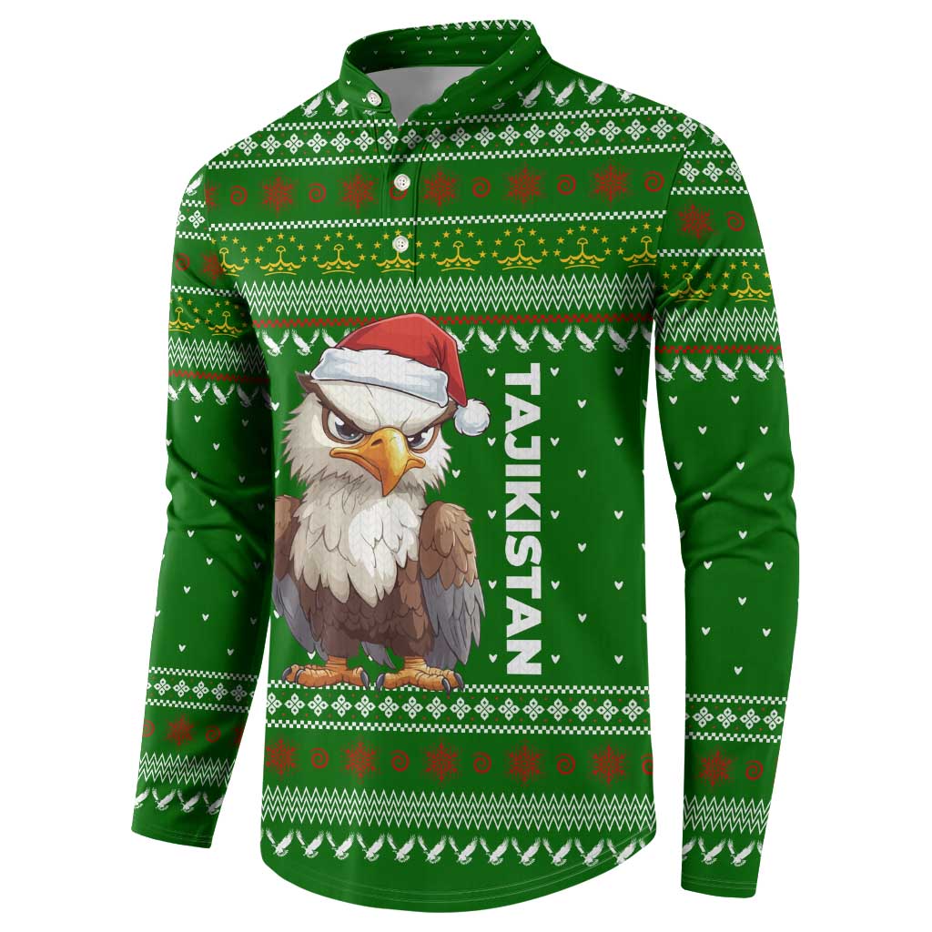 Tajikistan Christmas Button Sweatshirt with Santa Hat Eagle Green Snowflake Pattern and Holiday Design - Wonder Print Shop