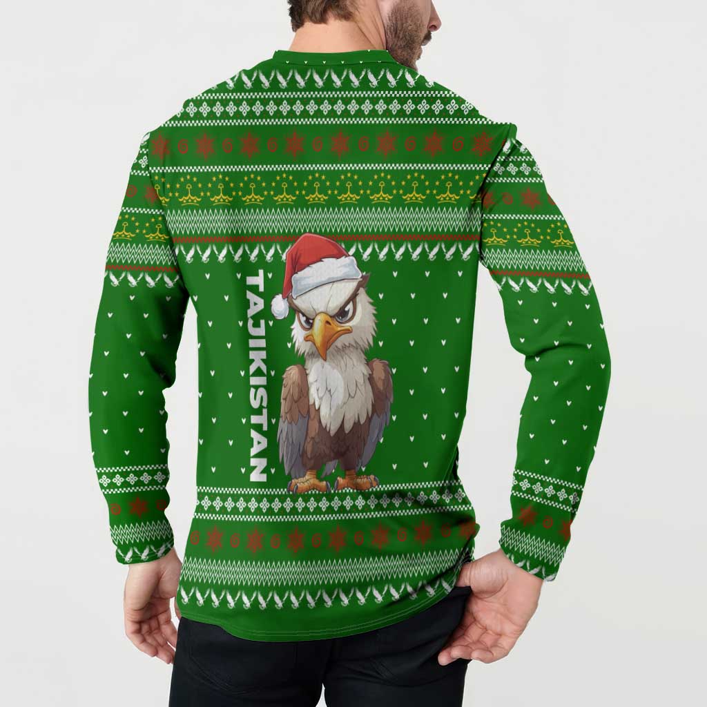 Tajikistan Christmas Button Sweatshirt with Santa Hat Eagle Green Snowflake Pattern and Holiday Design - Wonder Print Shop